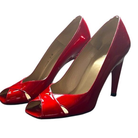 STUART WEITZMAN Ruby Red Patent Leather Peep Toe Heels US 7 - Picture 1 of 6